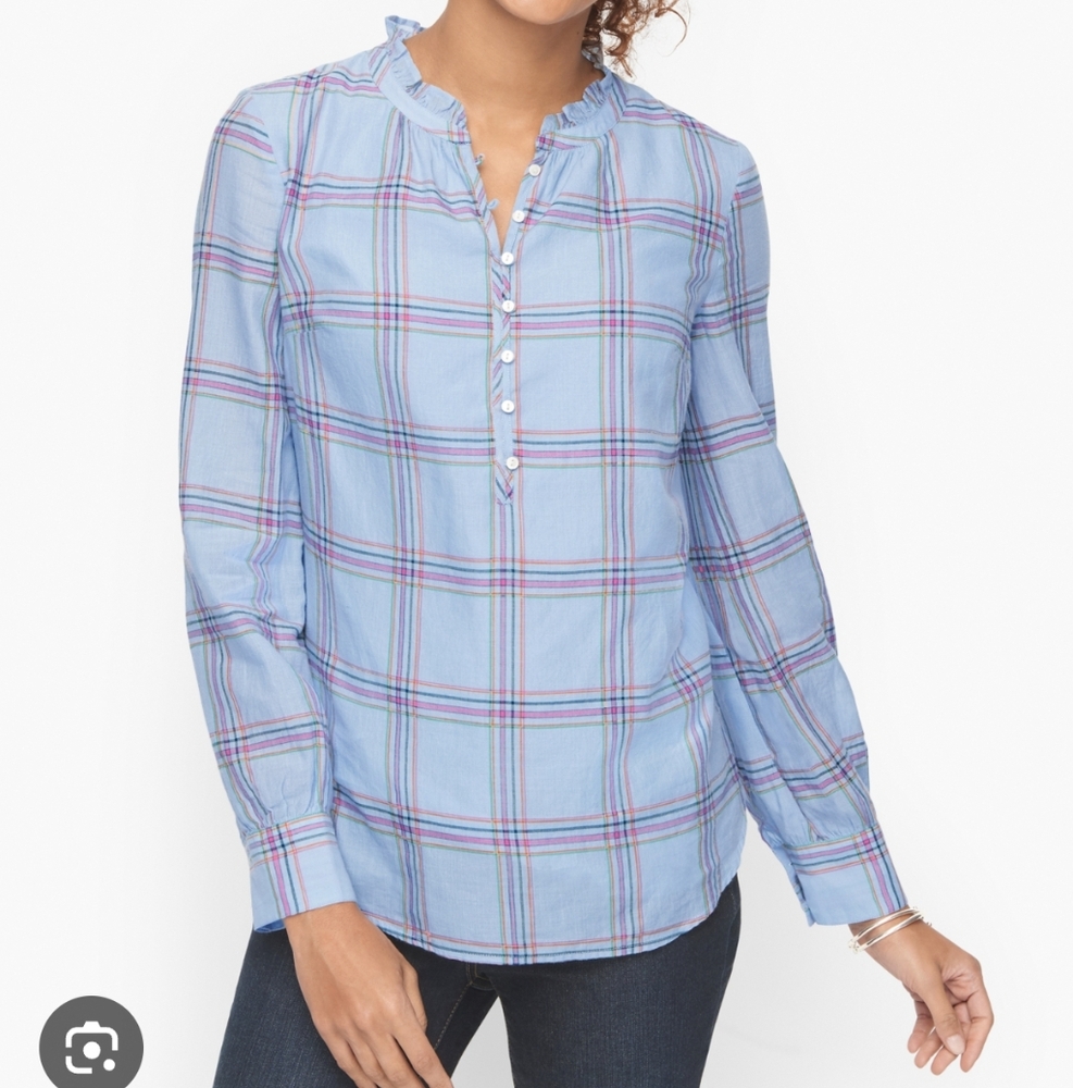 Talbots Ruffle Trim Plaid Cotton Popover sz XL Blue Feminine Coastal Grandma